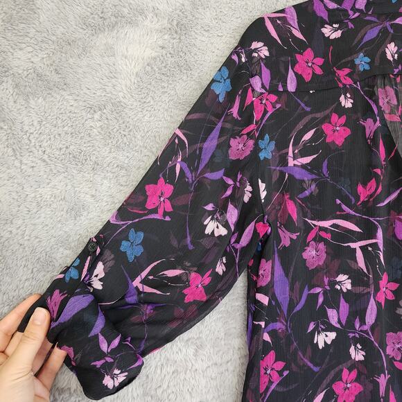 Kut From The Kloth Womens Button Up Blouse Size XL Sheer Dark Romantic Flowy - Picture 7 of 10